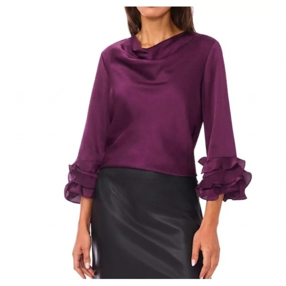 Vince Camuto Women's Blouse Cowl Neck Tiered Top Boysenberry Large